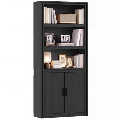 Bibliothèque 71 po à 5 niveaux avec portes, armoire de rangement sur pied, tablettes réglables, style campagnard, ensemble anti-basculement, grain de bois noir, style 2 portes