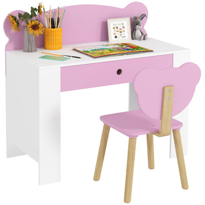 AIYAPLAY Kids Desk and Chair Set, Study Table and Chair, Bear Theme Pink