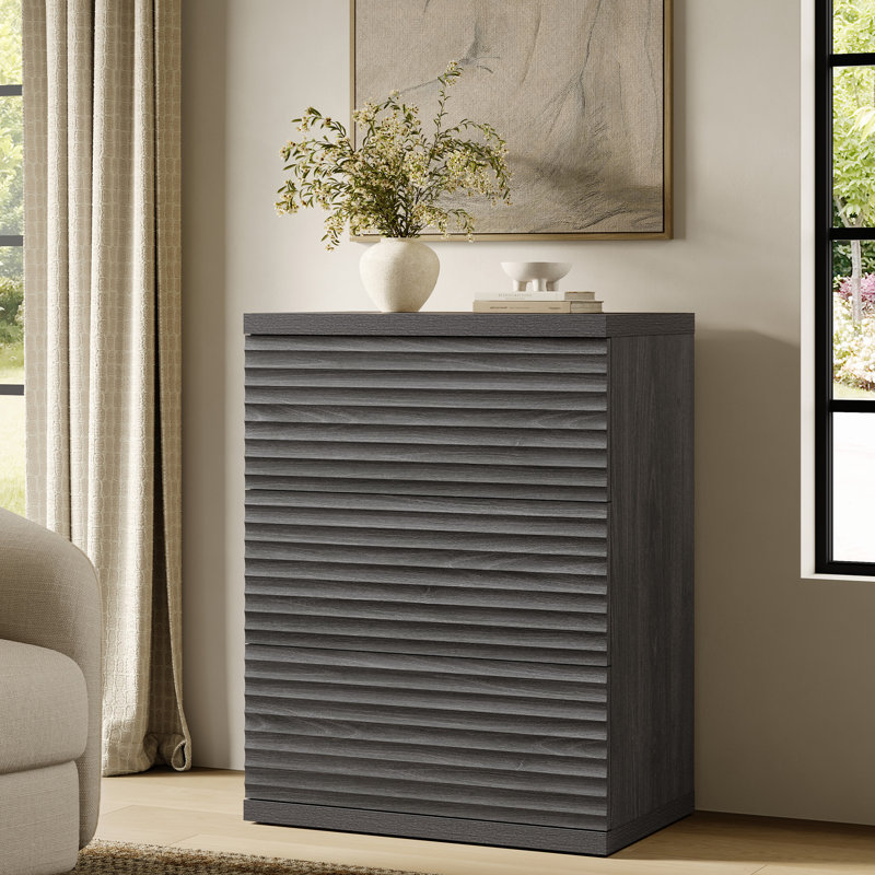 Modern Fluted 3-Drawer Dresser With Pop - Up Design, Dark Gray Alder