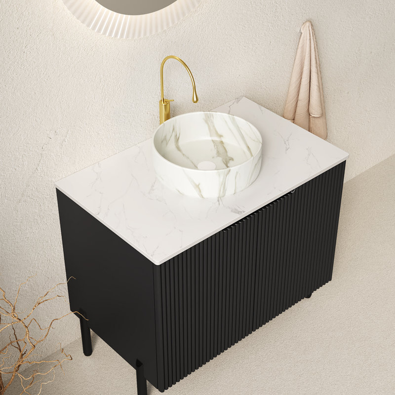 Turio 30" Bathroom Vanity With Sink, Freestanding Bathroom Storage Cabinet With 2 Doors, White Round Ceramic Basin With Stone Pattern And Carrara White Counter Top, No Faucet