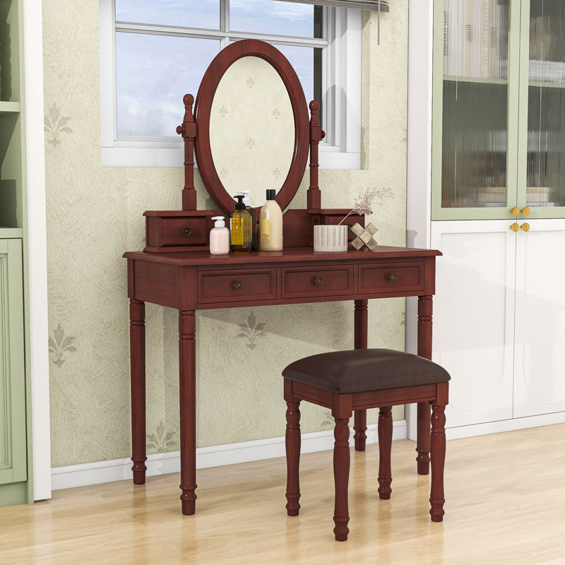 Meuble-lavabo rétro avec miroir ajustable, 3 tiroirs doublés de velours et tabouret rembourré, Noyer