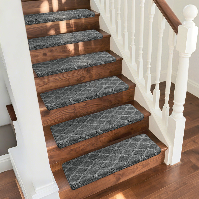 Tapis d'escalier bullnosé antidérapant (ensemble de 16), Treillis gris diamant, 16