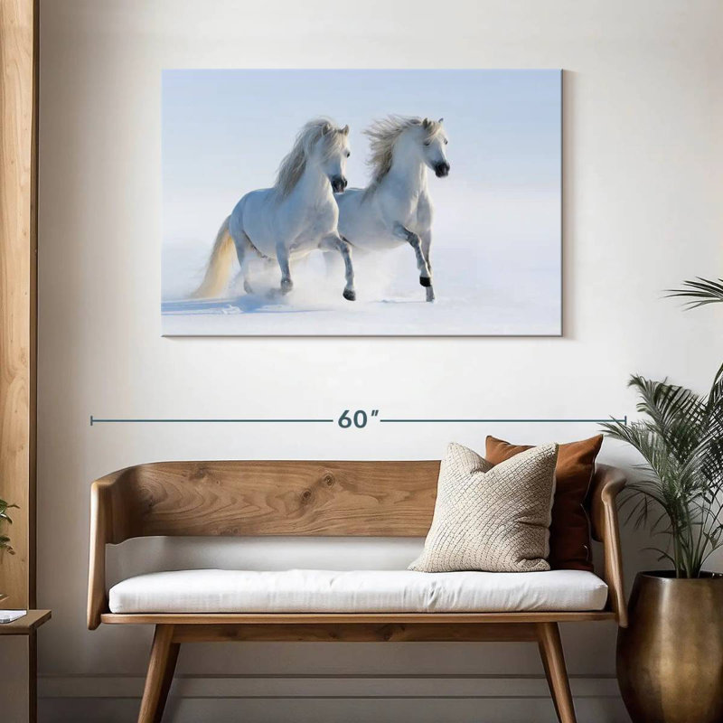 Chevaux blancs neige Brampt, H 30 po x l 45 po