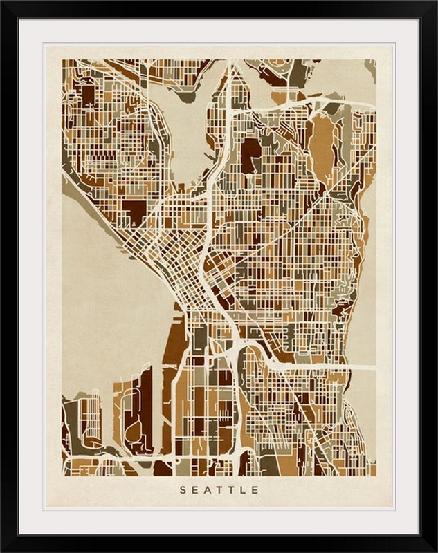 «Seattle Washington Street Map» par Bellen, impression, H 24 po x l 20 po x P 1 po, Cadre noir