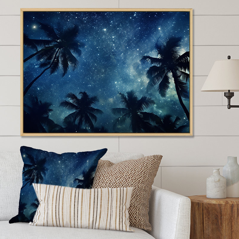 «Sapphire Magical Palm Tree Night», reproduction sur toile, Cadre flottant blanc, H 24 po x l 32 po x P 1 po
