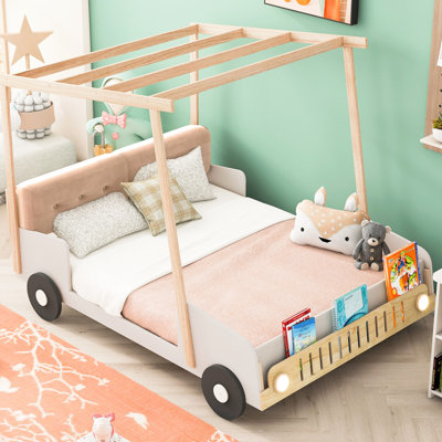 Lit voiture en bois naturel avec coussin doux, flanelle et laine confortable