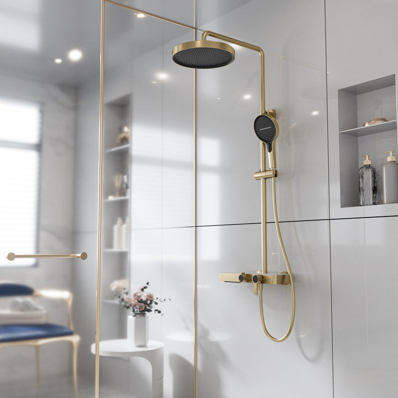 3-Function Exposed Shower System With Tub Spout, 10.8" Round Rain Shower Head & Handheld Shower, Brushed Gold