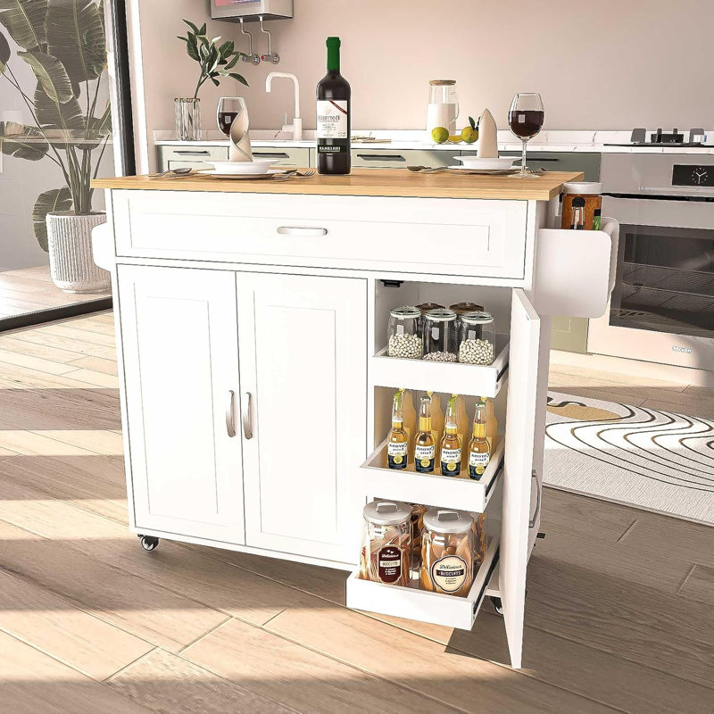 White Engineered Wood Kitchen Cart with Drop Leaf and Spice Rack