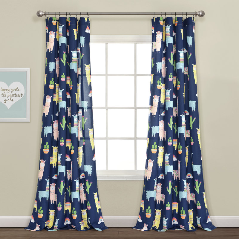 Semi Sheer Curtain Pair, Navy/Yellow