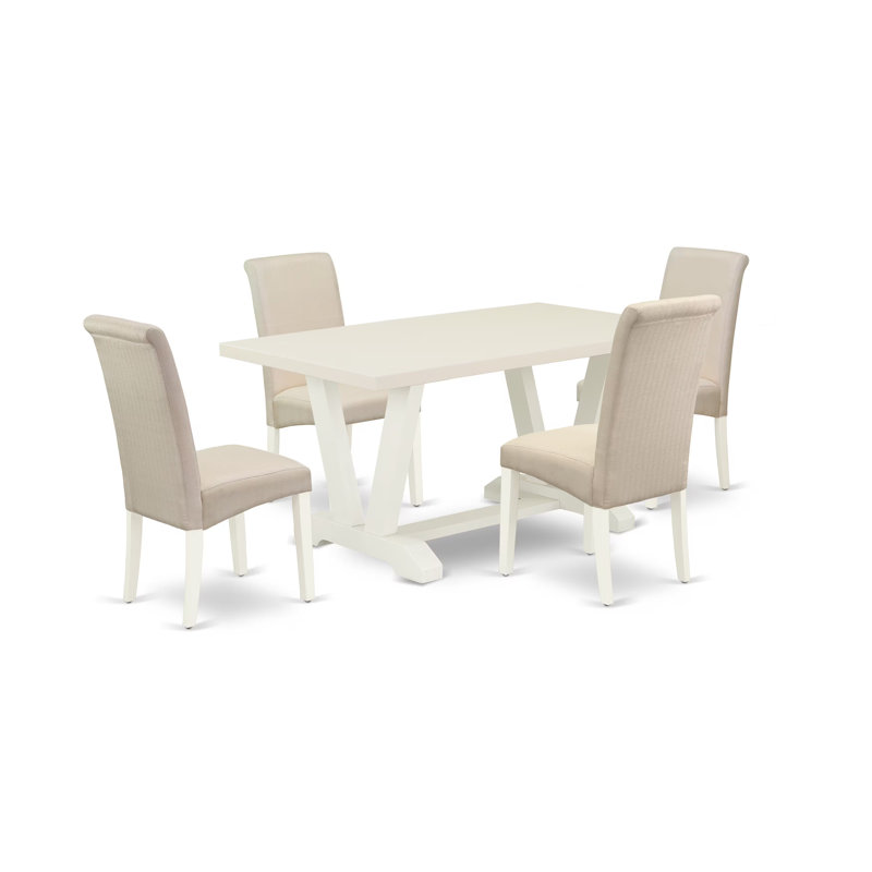 Ensemble de 5 pièces pour coin-repas pour 4 personnes comprenant une table de salle à manger rectangulaire avec pieds en V et 4 chaises Parsons en tissu de couleur crème multicolore