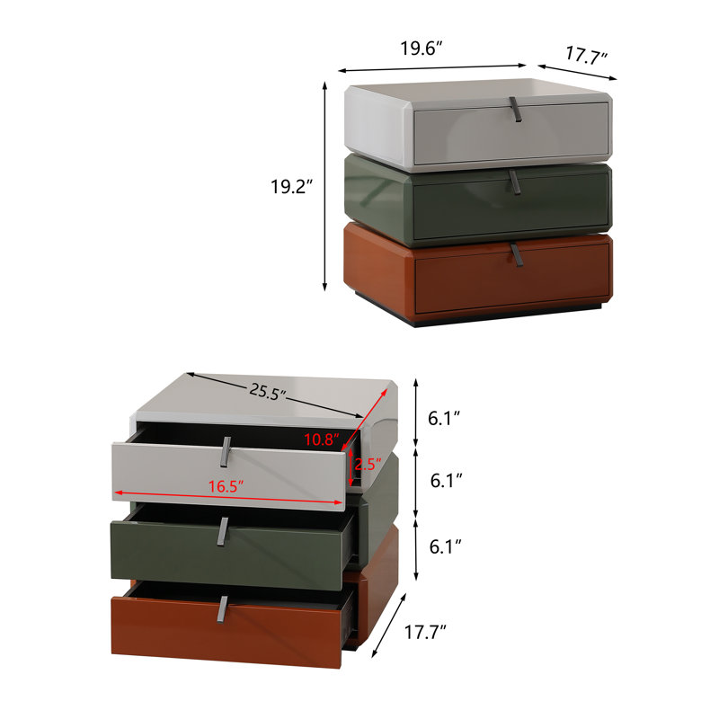 19.6'' W Nightstand With Rotating Storage, Bedside Table With 3 Drawers, Modern End Table, No Assembly Required
