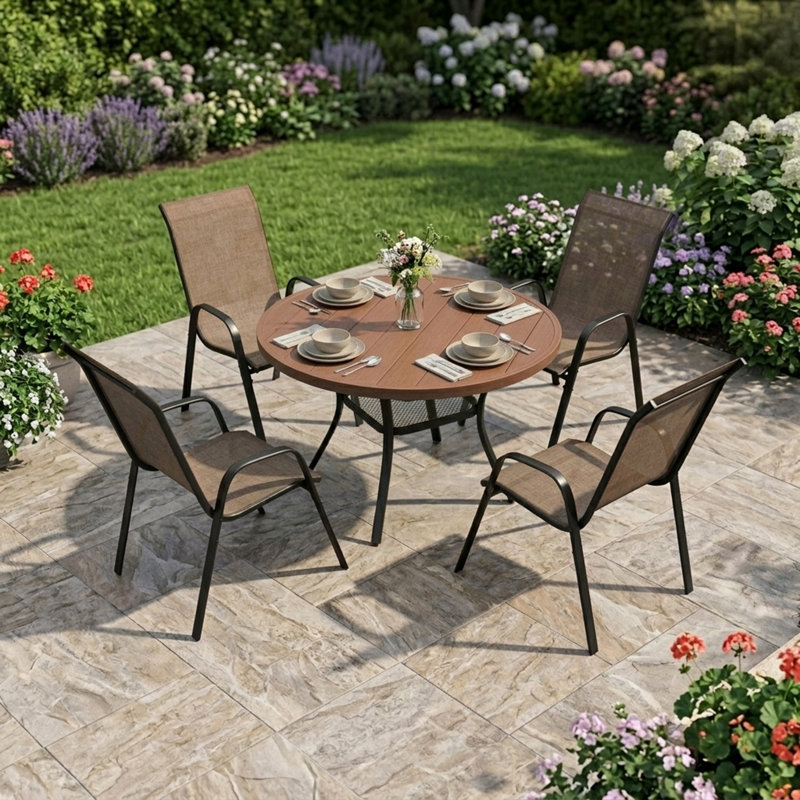 4-Person Outdoor Round Patio Dining Set With Stackable Chairs, Walnut, Brown