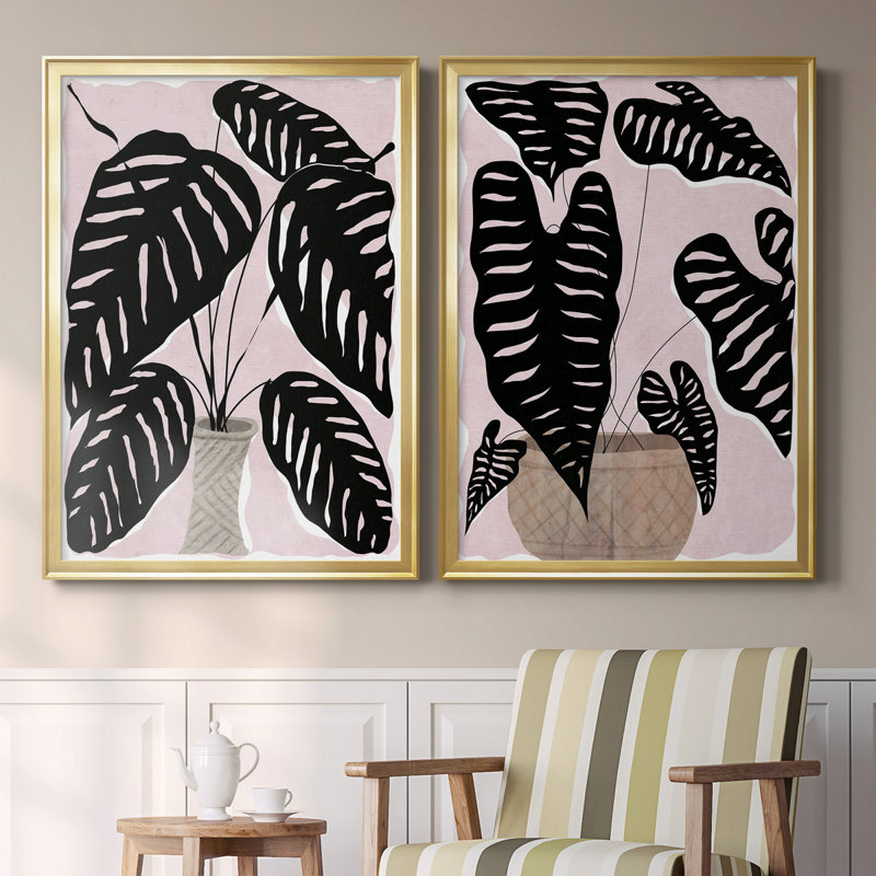 Plante en pot I - ensemble de 2 peintures sur toiles, H 26,5 po x l 73 po x P 1,5 po, Gold Framed Canvas