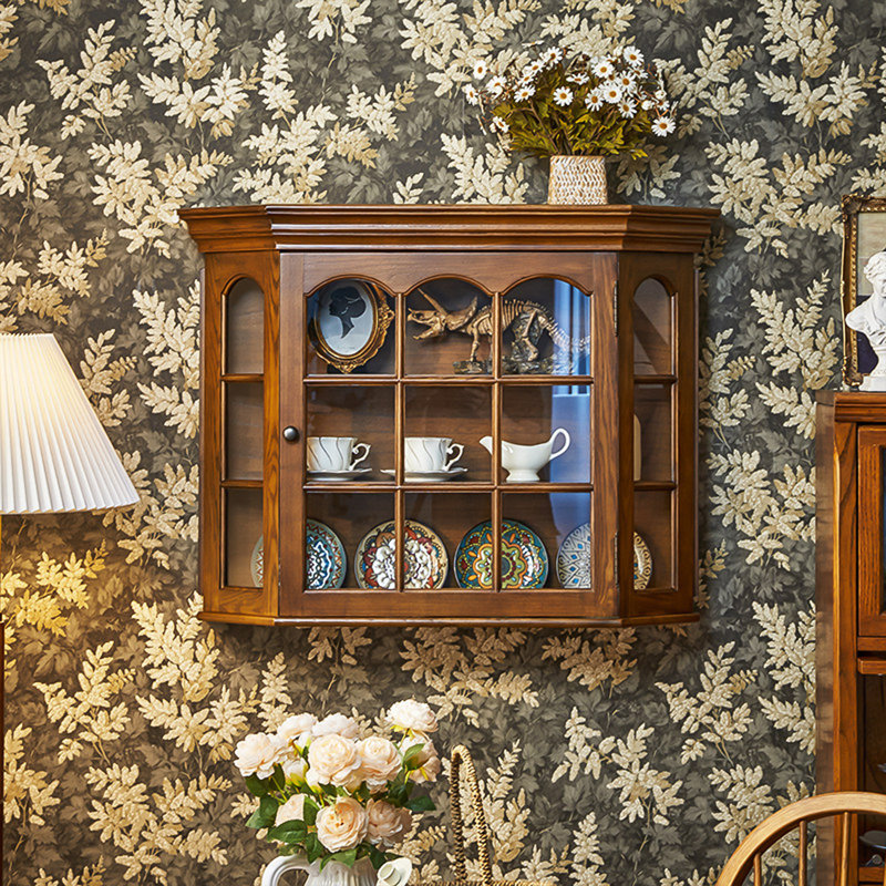 Armoire murale 35,83 "en bois massif de chêne rétro, armoire en verre, présentoir à tasses à café et rangement