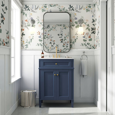 Meuble-lavabo 24 po avec 2 portes et tiroir escamotable, armoire de rangement de salle de bain avec lavabo, portes à fermeture en douceur avec organisateurs