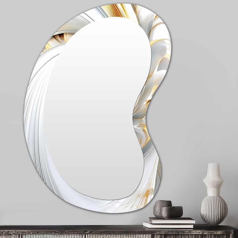 Eudochia Whirling While Glam Fractals In Gold And White IV - Fractals Asymmetrical Unique Wall Mirror, Modern Unique Shape Mirror, Printed Metal Art