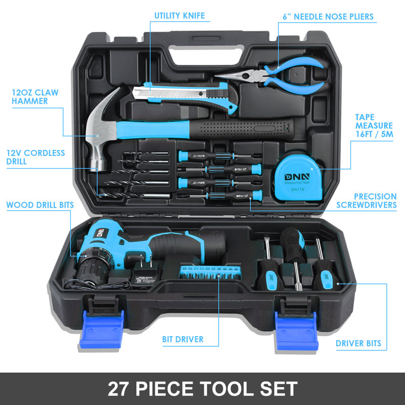21 Piece Portable Household Hand Tools Kit 12 Volt Cordless Impact Drill/ Driver Storage Tool Box (Blue), Blue