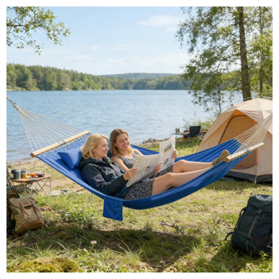 Double Quilted Polyester Hammock with Natural Wood Stand, 128-Inch Outdoor Hammock for Two, Navy Blue
