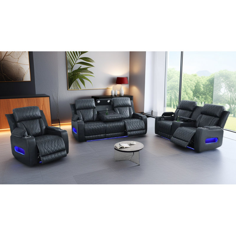 Ensemble de canapé inclinable électrique 3 pièces avec éclairage DEL, haut-parleur sans fil et console de commande intelligente