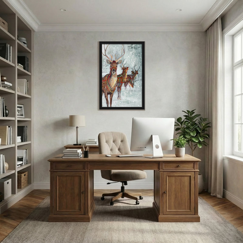 Animaux, renne en hiver, paysage de neige avec décorations des Fêtes, H 18 po x l 12 po