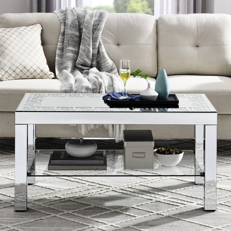 Table basse moderne à miroir avec cadre étincelant, verre argenté pour le salon