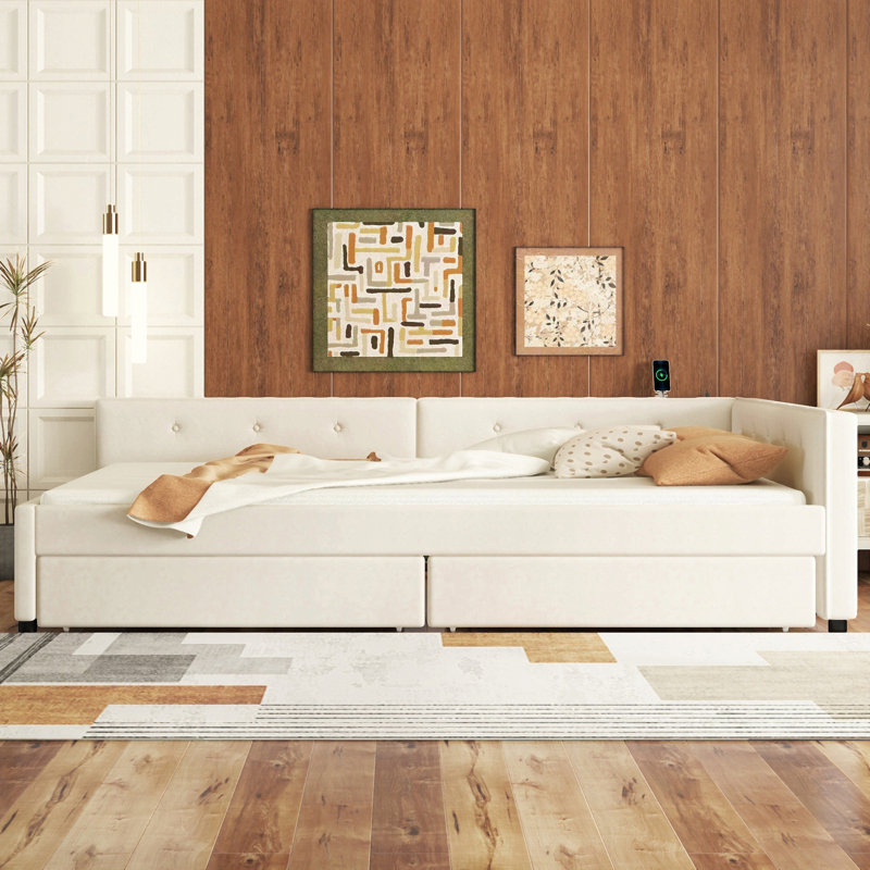Lit plateforme double tapissier double avec USB et 2 tiroirs, beige