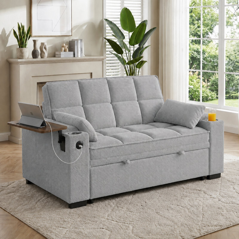 64" Convertible Sleeper Sofa Bed with 6-Position Adjustable Backrest, Pull-Out Bed, USB Charging, Cup Holders, Rotating Side Table and Storage, Polka Dot Fabric,for Living Room, Apartment, Small Space