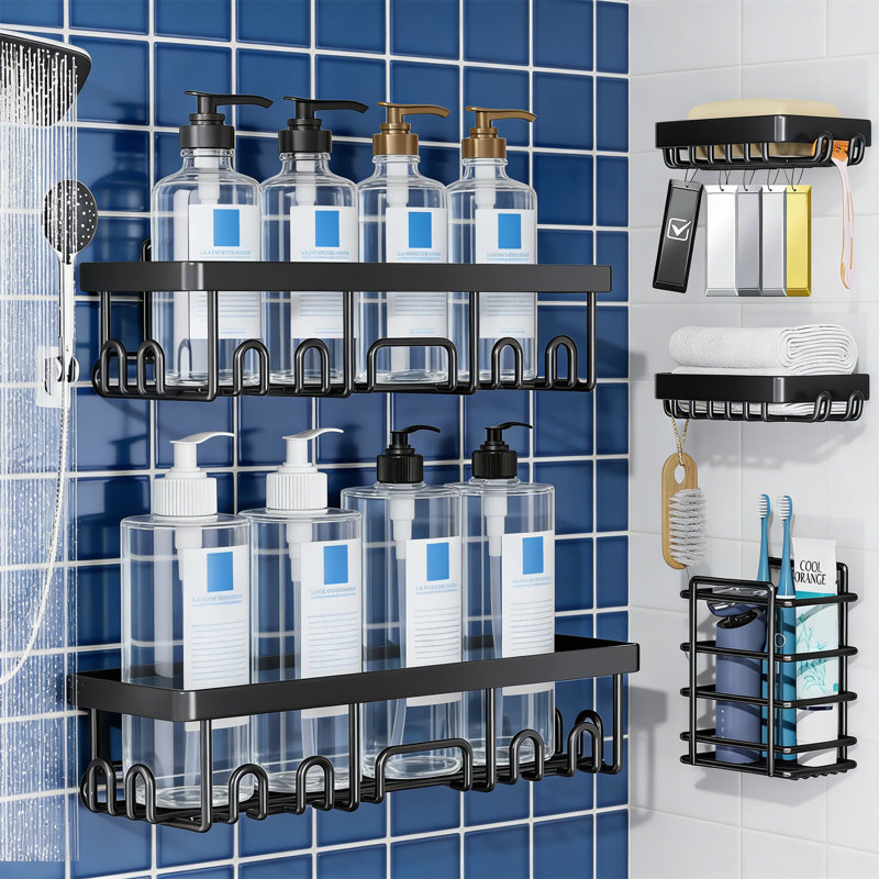 5-Pack Rustproof Adhesive Corner Shower Caddy, No Drilling, Waterproof, Black, Black, 2