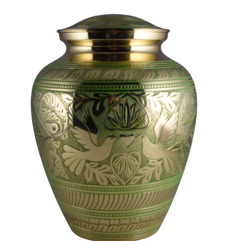 Rolly Handmade Solid  Hand-Etched Doves Urn, Gold