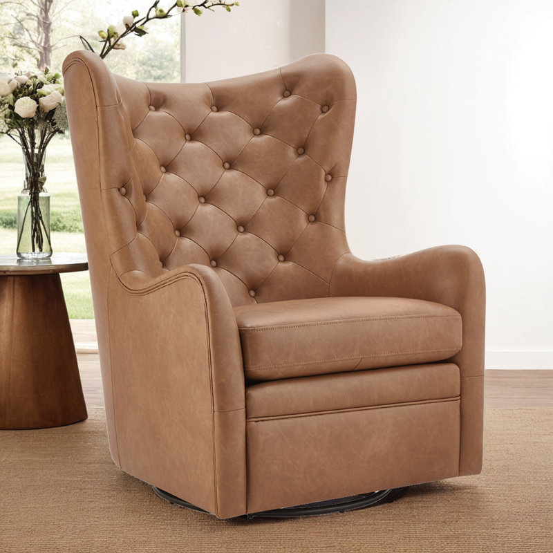 Fauteuil à oreilles pivotant capitonné en similicuir Waverly, Similicuir chameau Copley