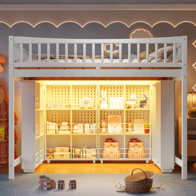 Lit mezzanine en bois massif, structure robuste avec armoire de rangement, étagère pliable, éclairage DEL et tableau noir. Lit mezzanine multifonctionnel pour chambre. Blanc.