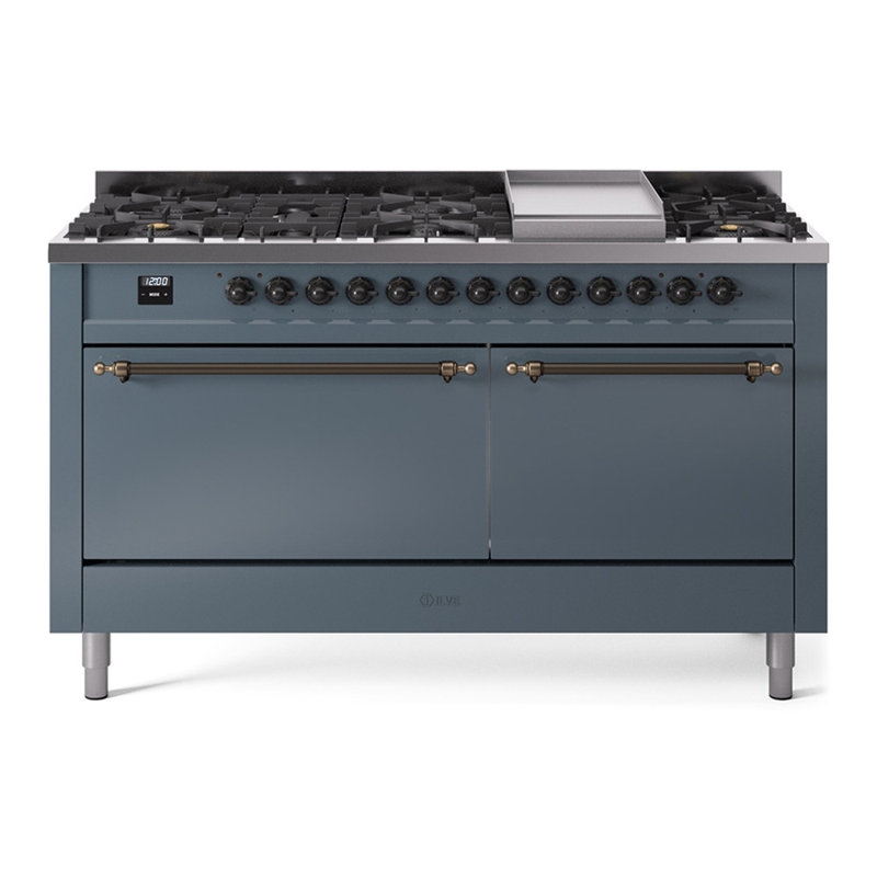 ILVE Nostalgie II 60 in Dual Fuel Range, 9 Burner, Griddle, Natural Gas, Blue Gray/Burnished