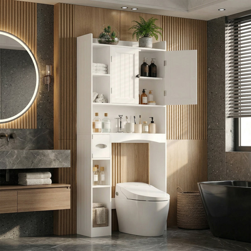 Support de rangement pour salle de bain peu encombrant, armoire de rangement murale blanche à 7 niveaux à double porte au-dessus de la toilette.