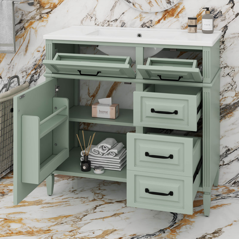 Meuble-lavabo de 36 po avec comptoir en céramique, tiroirs rabattables, tablette réglable et poignées en alliage de zinc, armoire de rangement autoportante