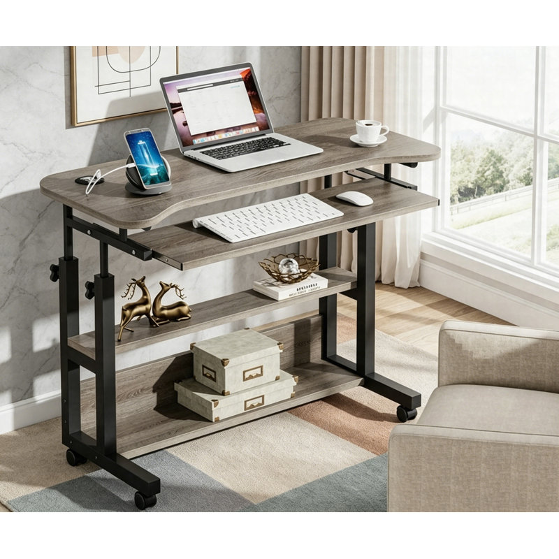 Bureau mobile à hauteur réglable avec station de charge sans fil, bureau d'ordinateur portable portable avec roulettes, Gris