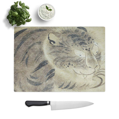 Tempered Glass Tiger Licking Its Paw by Tawaraya Sotatsu Chopping Board