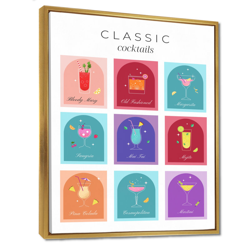 Art mural classique - Cocktail classique, H 20 po x l 12 po, Cadre flottant doré