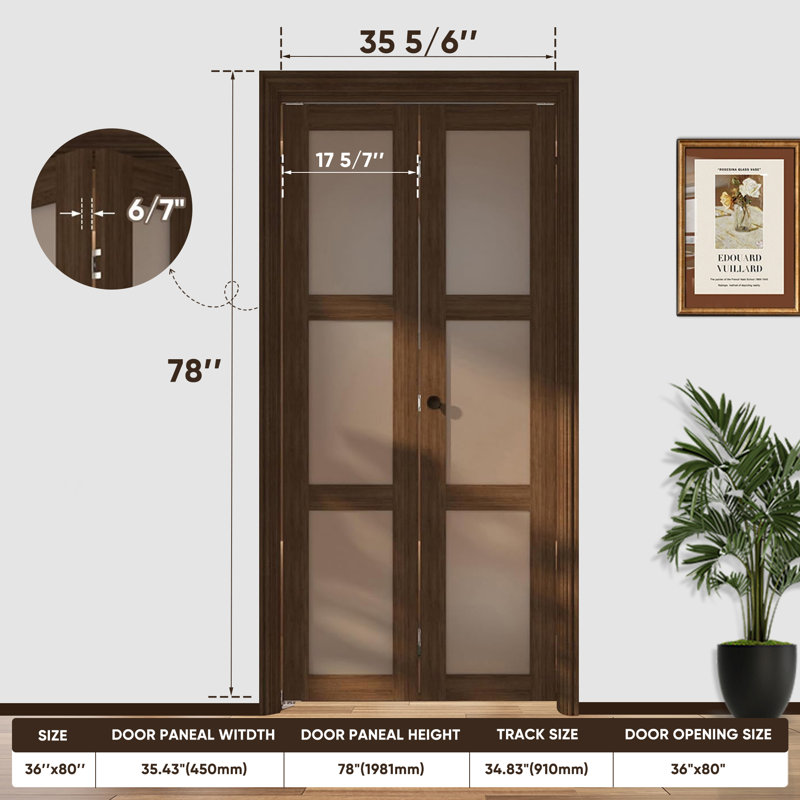 Porte de grange pliante en verre givré pliable 3-Lite avec trousse de quincaillerie d'installation, 36 po x 80 po, Brun