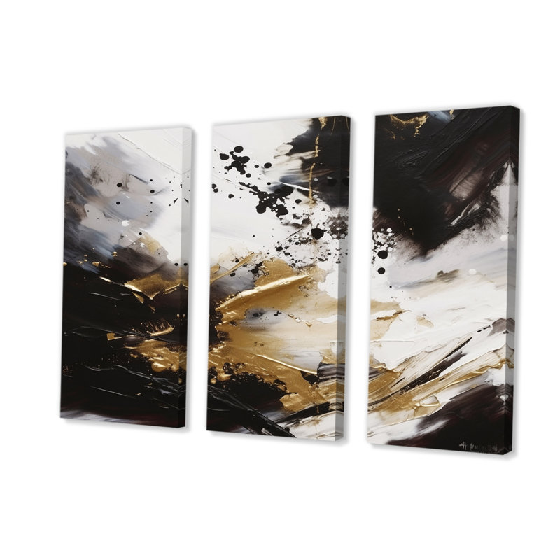 River Happiness Abstrait doré noir blanc III 3 pièces, H 28 po x l 36 po x P 1 po