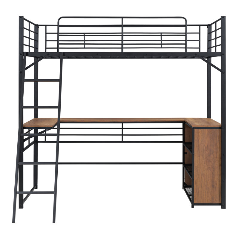 Metal Loft Bed with 3 Layers of Shelves and L-shaped Desk, Twin, Black