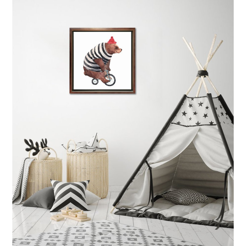Ours sur un vélo, art mural, Cadre d'angle fermé brun, H 17 po x l 17 po