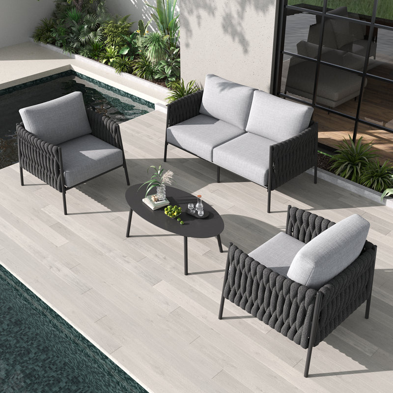 4 Piece Outdoor Furniture Set with Coffee Table, Modern Rope Woven Patio Conversation Sofa Set with Olefin Braid and Deep Seating
