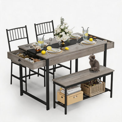4‑Piece Space‑Saving Dining Table Set for 4, 46.5" Industrial Kitchen Table with Storage Bench & 2 Chairs, Built‑in Drawers & Under‑Bench Rack, Heavy‑Duty Metal Frame for Small Apartment Dining Room