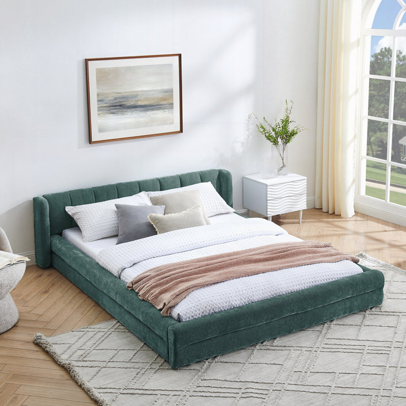 Structure de lit tapissier avec tissu épais, lit plateforme avec tête de lit, Bleu / vert