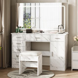 Vanity Desk With Large Mirror And Lights, Makeup Vanity With Charging Station