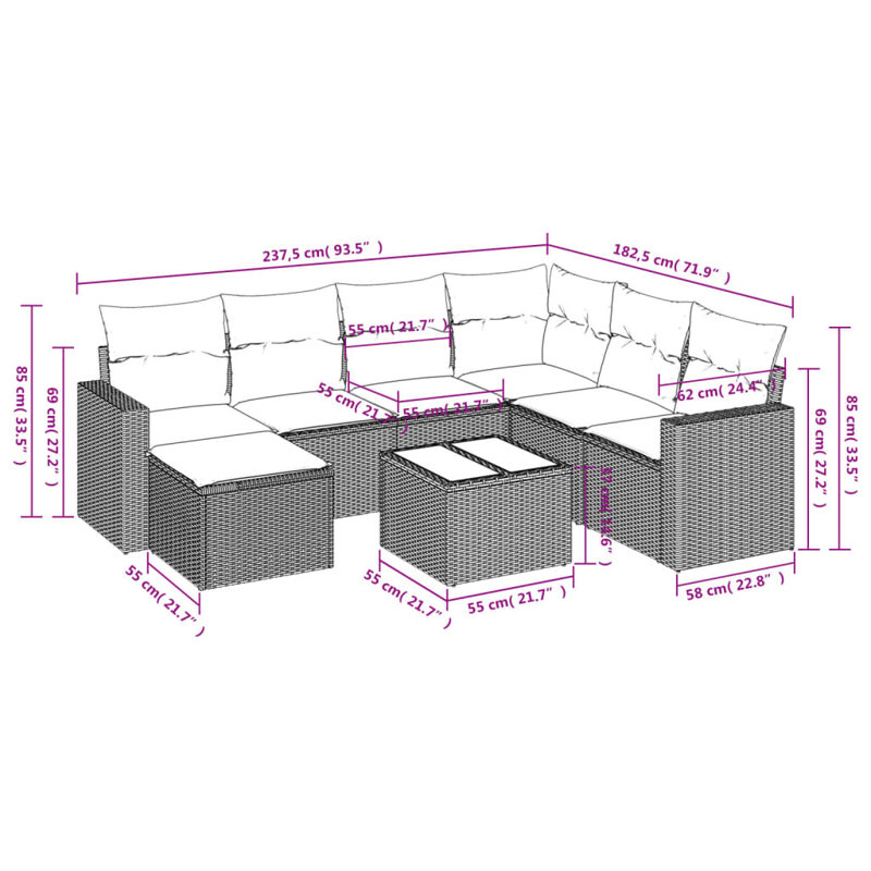 Ensemble de canapé de patio 8 pièces avec coussins pour l'extérieur, Bleu sarcelle