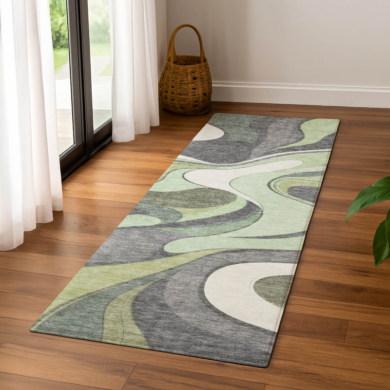 Premium Machine Washable Mayfield  swirls Rug, 2'3" x 7'6" Runner, Green