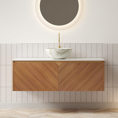 Meuble-lavabo et lavabo de salle de bain 48 po RUBEN, armoire de rangement flottante en contreplaqué, portes doubles en sergé avec garniture en métal, vasque en céramique blanche à motif de pierres et plateau en pierre frittée