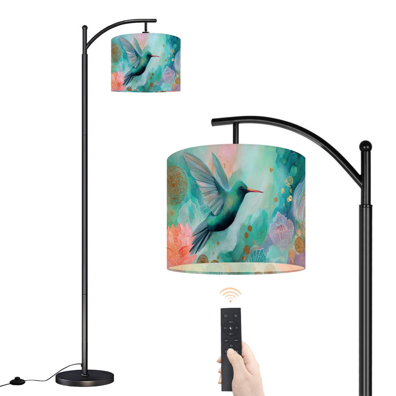 Arc Floor Lamp with Adjustable Lampshade Heirloom Chinoiserie Acrylic Glass Bird Flowers Floral Blue Orange Standing Lamp 3 Color Temperatures Dimmable Tall Pole Lamp with Foot Switch for Bedroom