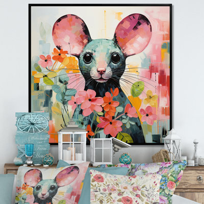 «Pink Curious Rat Blooms I», souris, art mural